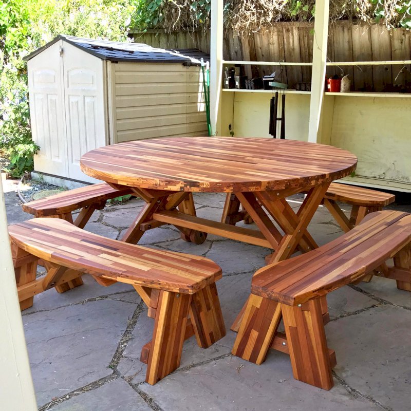 Round Wood Picnic Table With Wheels Forever Redwood